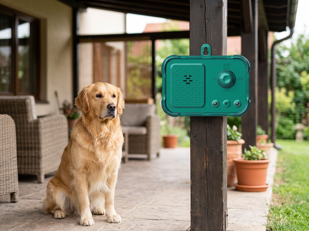 Green ultrasonic bark deterrent positioned in a home area facing a dog.