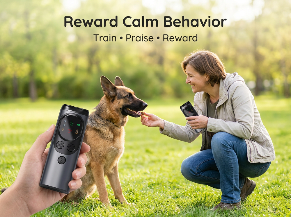 Pet owner pressing an ultrasonic dog training device while redirecting unwanted barking.
