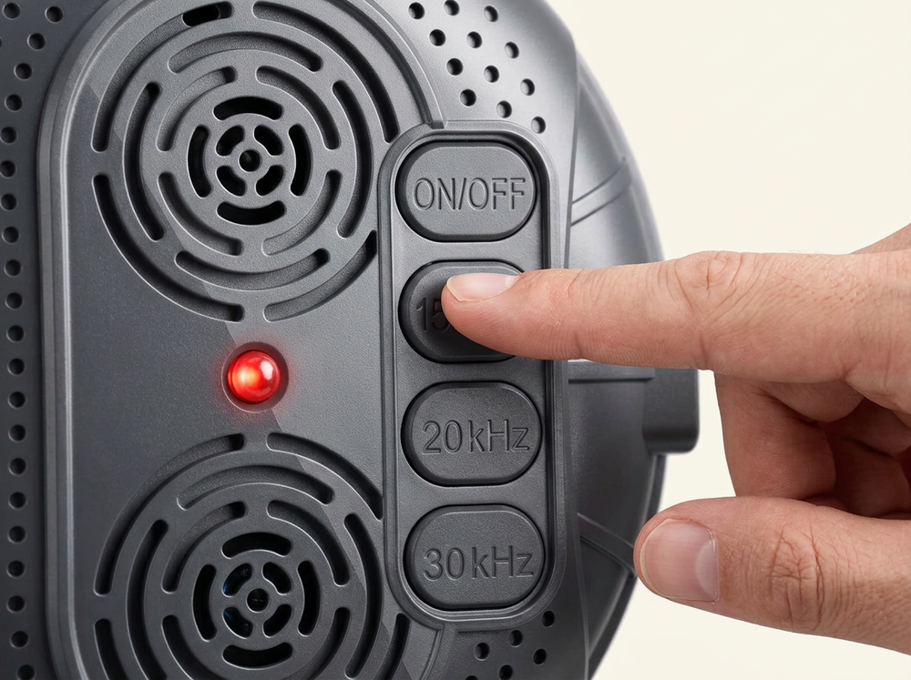  Hand selecting a frequency setting on a grey ultrasonic dog bark control device