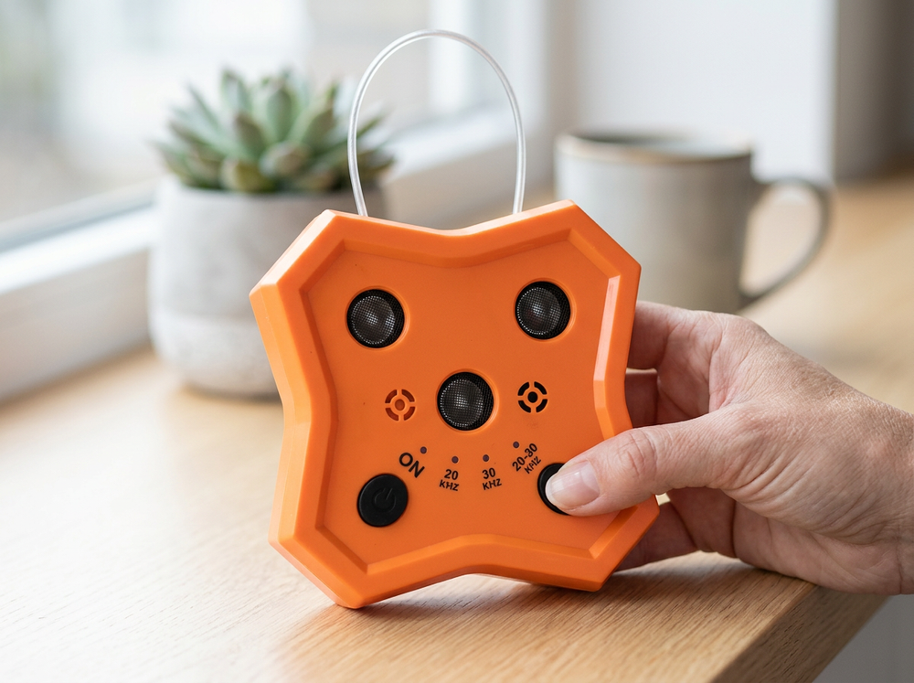 Hand selecting a frequency mode on an orange ultrasonic dog bark deterrent.