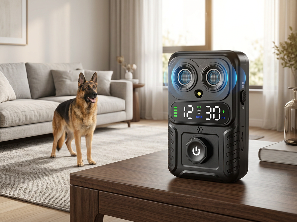  Smart ultrasonic dog bark-control device positioned on a table facing a dog in a living room