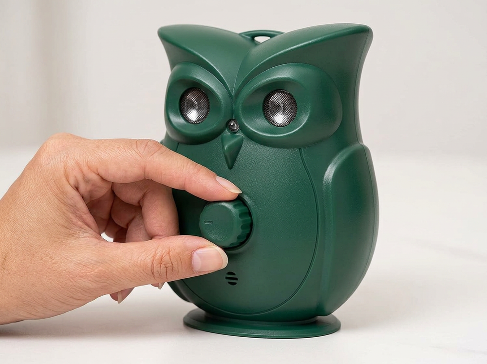 
Hand adjusting the front rotary mode selector on a green owl-shaped ultrasonic dog bark device