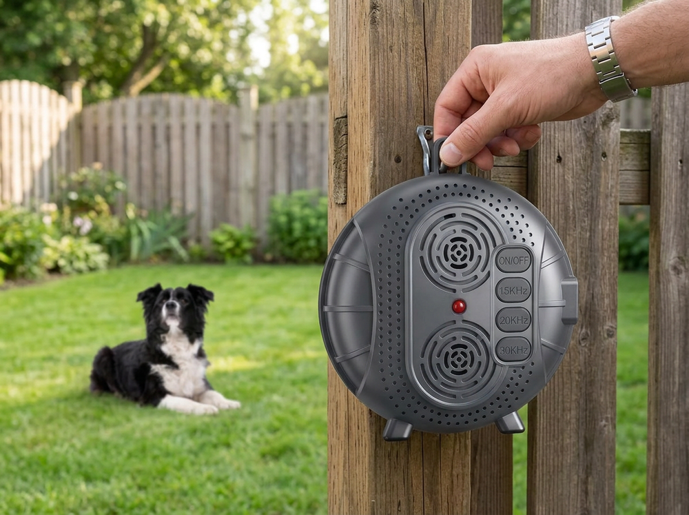  Grey ultrasonic dog bark deterrent hanging from a wooden fence and facing a dog in the yard
