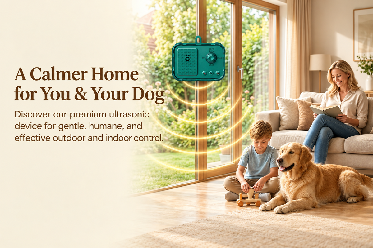 Happy family relaxing with a calm dog near a green ultrasonic bark deterrent in a modern home.