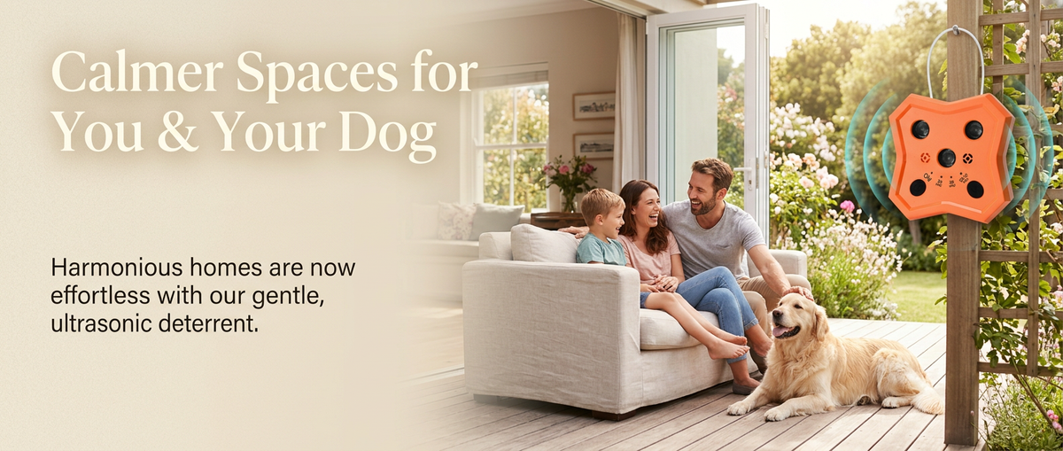 Happy family with a calm dog and orange ultrasonic bark deterrent in a modern home and garden setting.