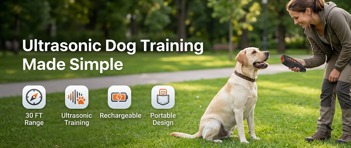 Portable black and orange rechargeable ultrasonic dog bark deterrent device for indoor and outdoor dog training.