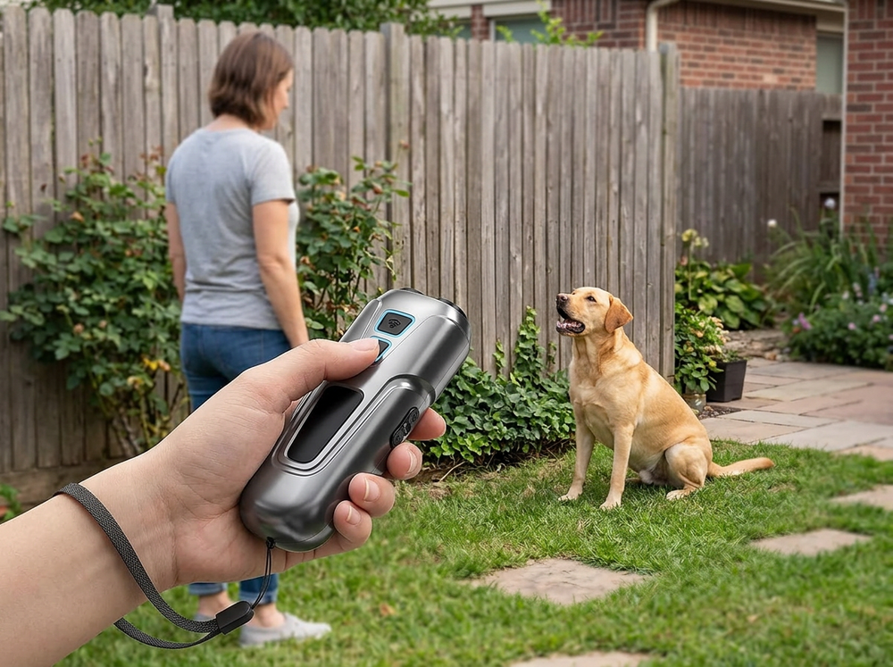 
Person using a handheld ultrasonic dog bark deterrent with LED flash during an outdoor training situation.