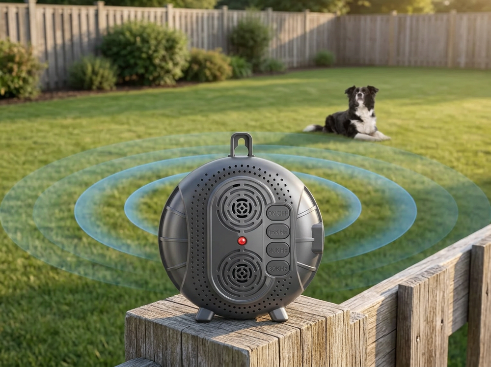  Ultrasonic dog bark deterrent facing a dog across an open backyard training area