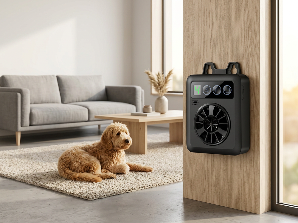 
 Ultrasonic dog bark-control device positioned in a living room facing a do