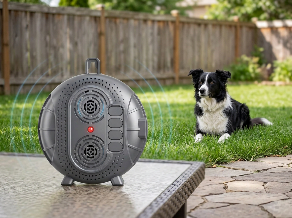 Ultrasonic bark deterrent positioned toward a dog in an outdoor training area