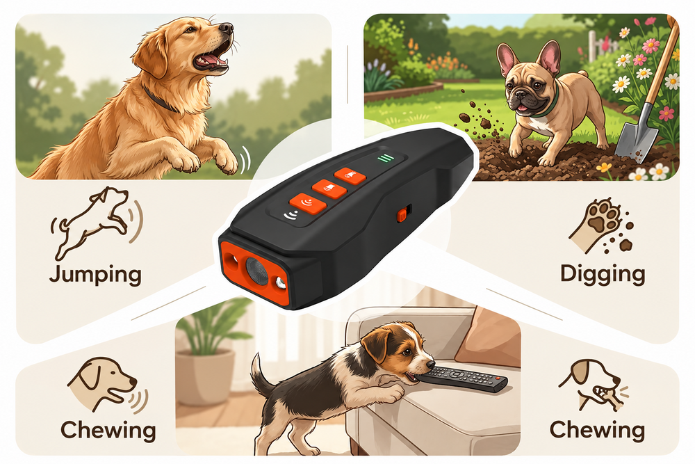Portable ultrasonic dog trainer for supporting training around barking, digging and chewing behaviors.