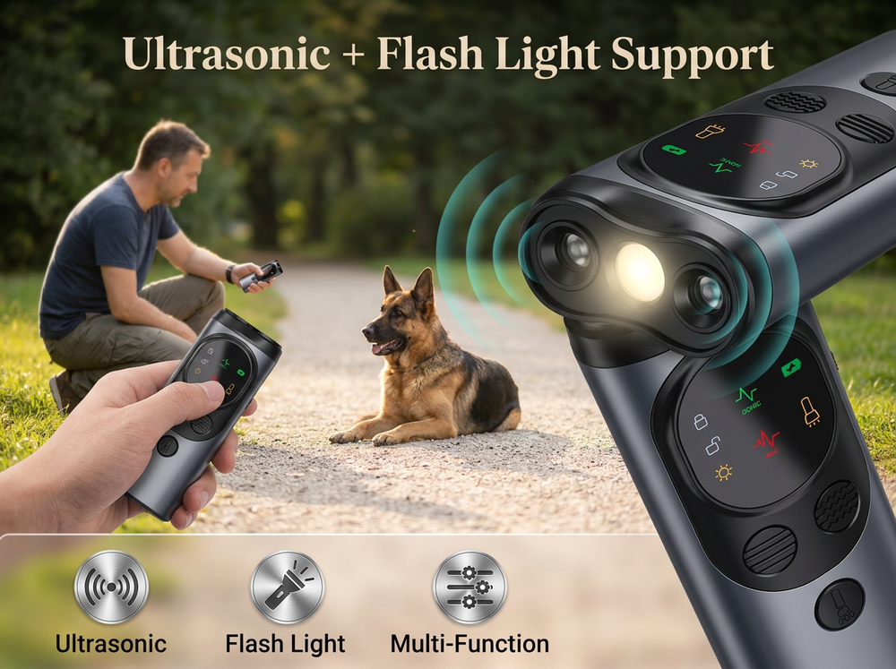 Portable ultrasonic dog deterrent with triple ultrasonic emitters and built-in flashing light function.