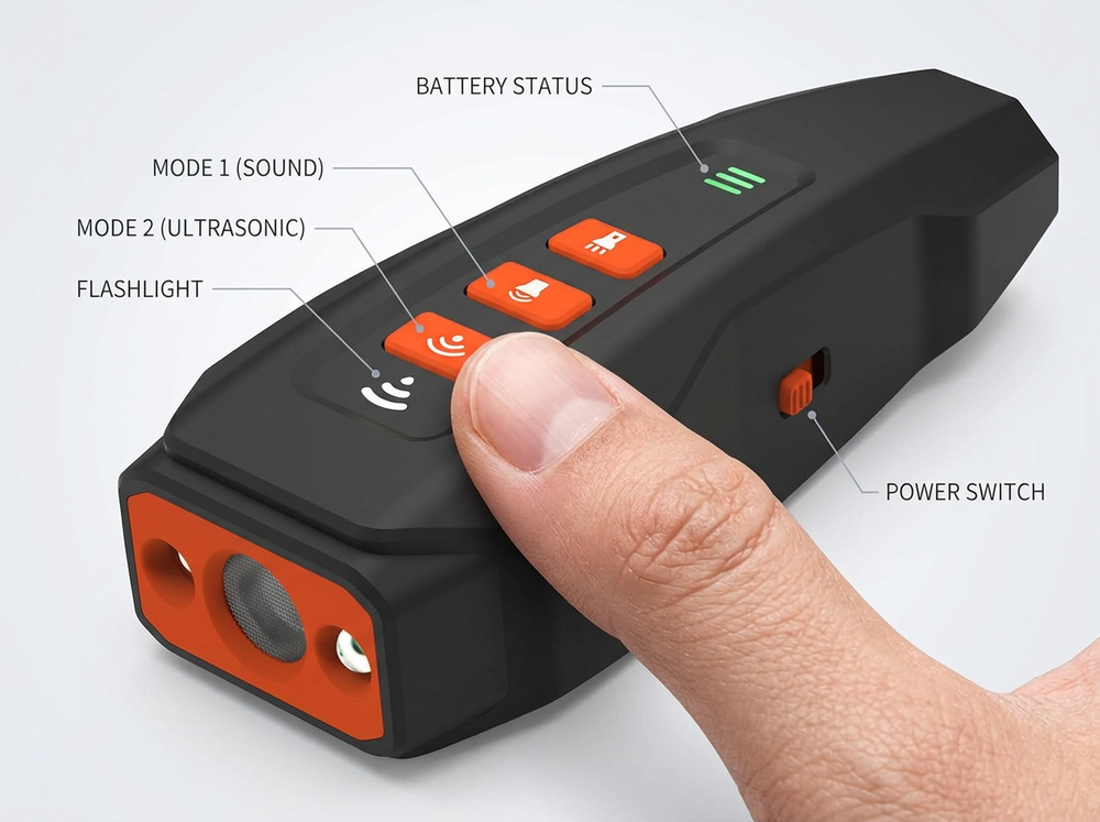 Close-up of black and orange ultrasonic dog trainer with three control buttons and battery indicator.