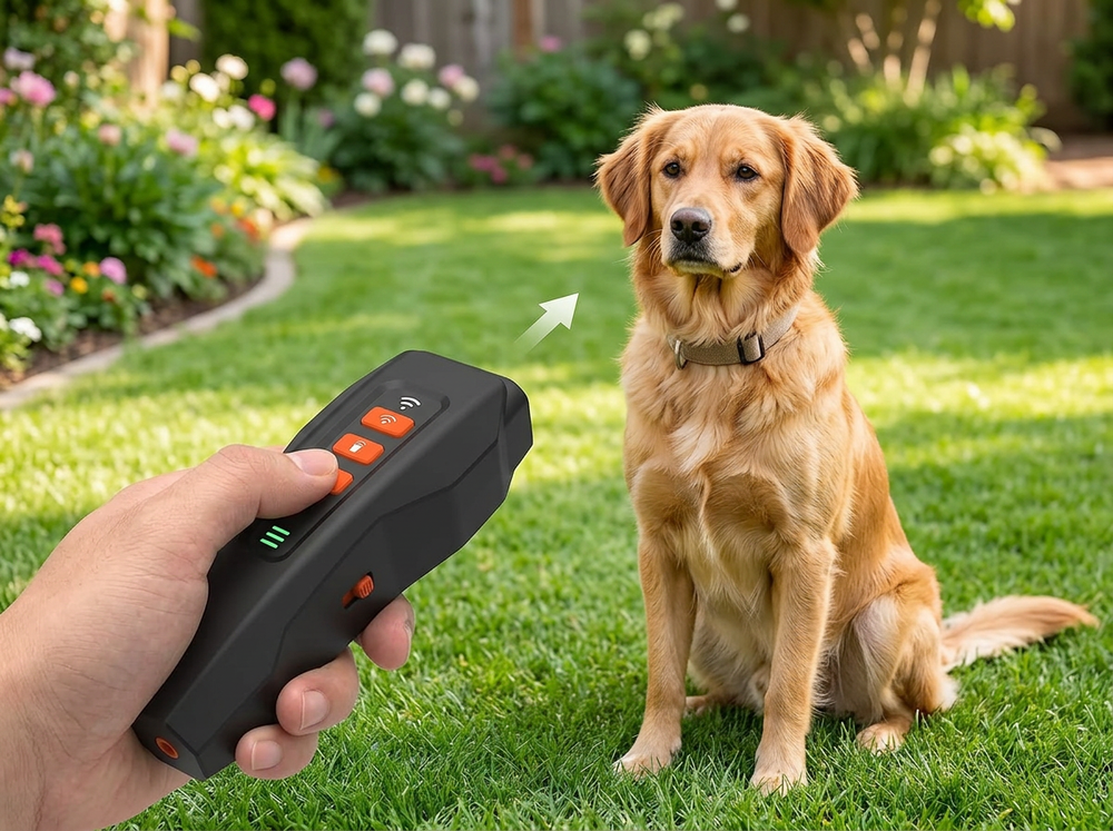 Owner holding a portable ultrasonic dog training device and pointing it toward a dog.