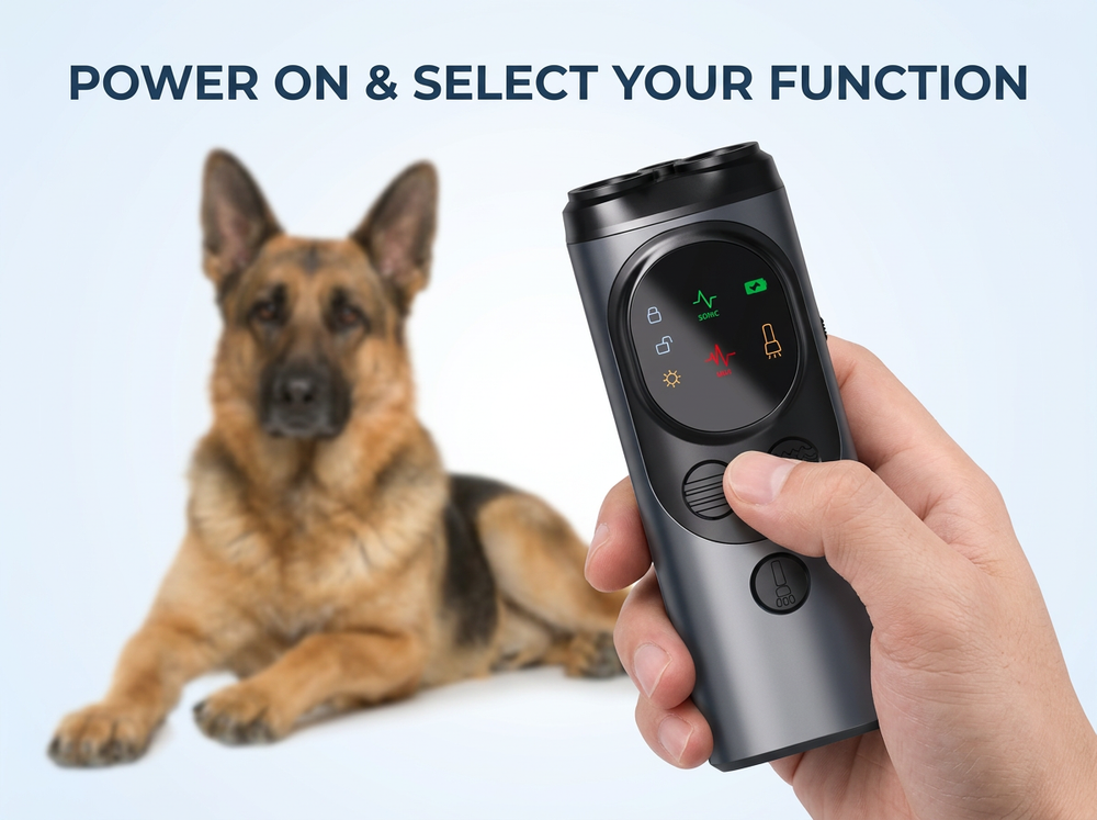 Hand holding a portable ultrasonic dog trainer and selecting a training function from the control panel.