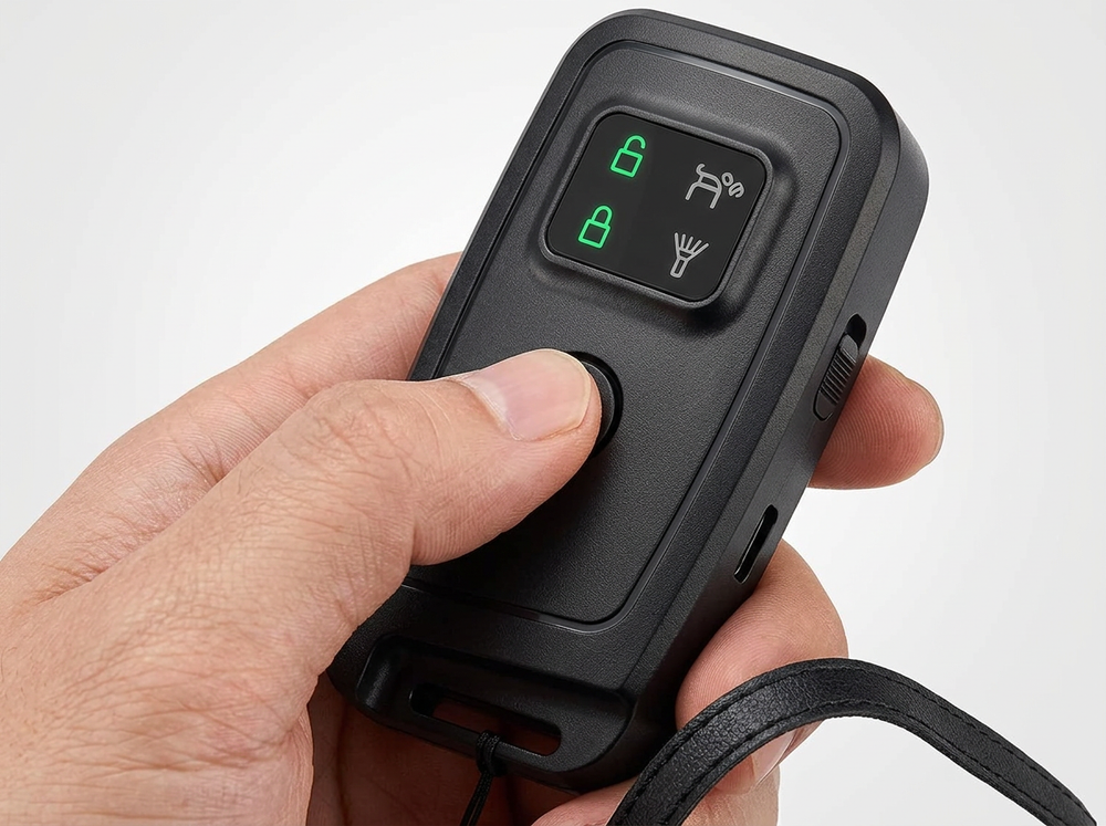 Finger pressing function control on black handheld ultrasonic dog bark deterrent