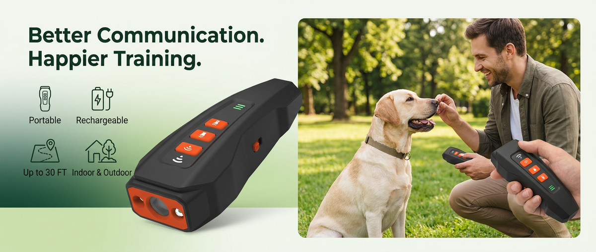 Happy owner training an attentive dog outdoors with a portable rechargeable ultrasonic dog training device.