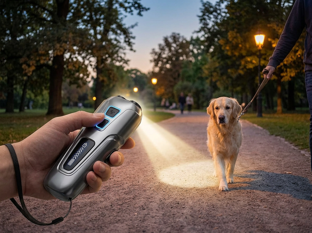 
Dog owner using the built-in LED light on a handheld ultrasonic dog trainer during an evening walk