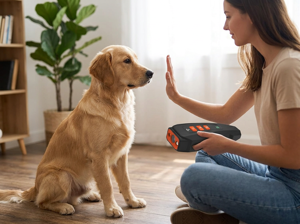 Dog owner using an ultrasonic training device while giving a clear command to an attentive dog.