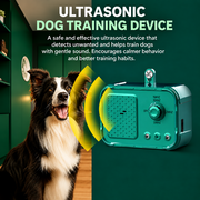 Ultrasonic dog training device shown next to a black and white dog in a home interior, with yellow sound wave graphics and marketing text at the top.

