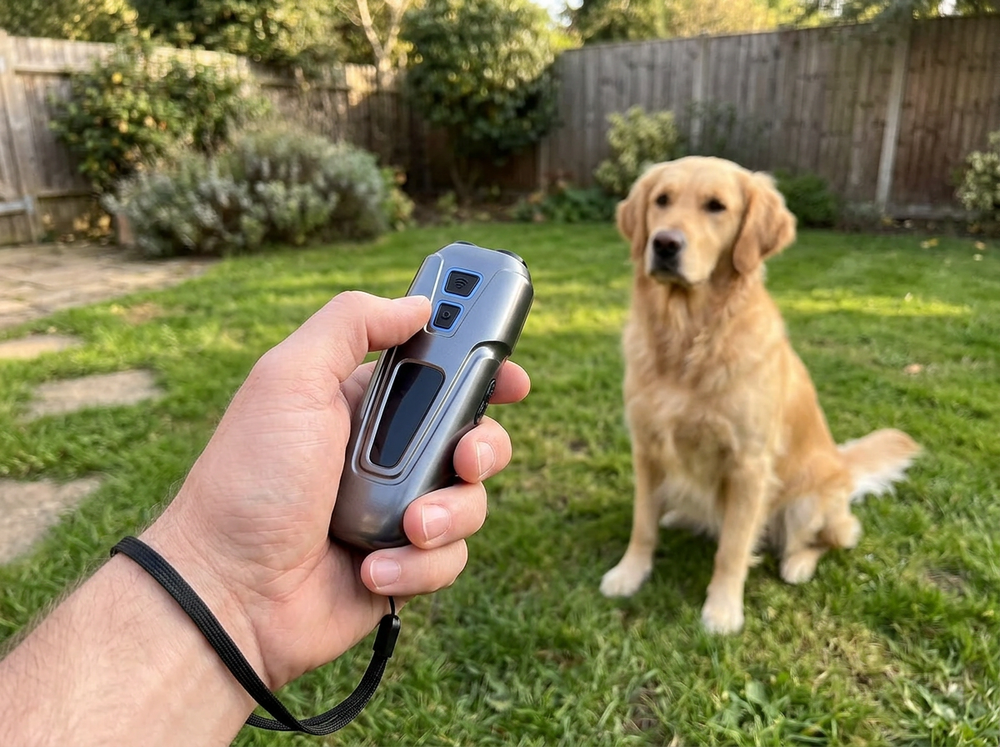 
Owner using the ultrasonic dog trainer in training mode while practicing commands with a dog outdoors.