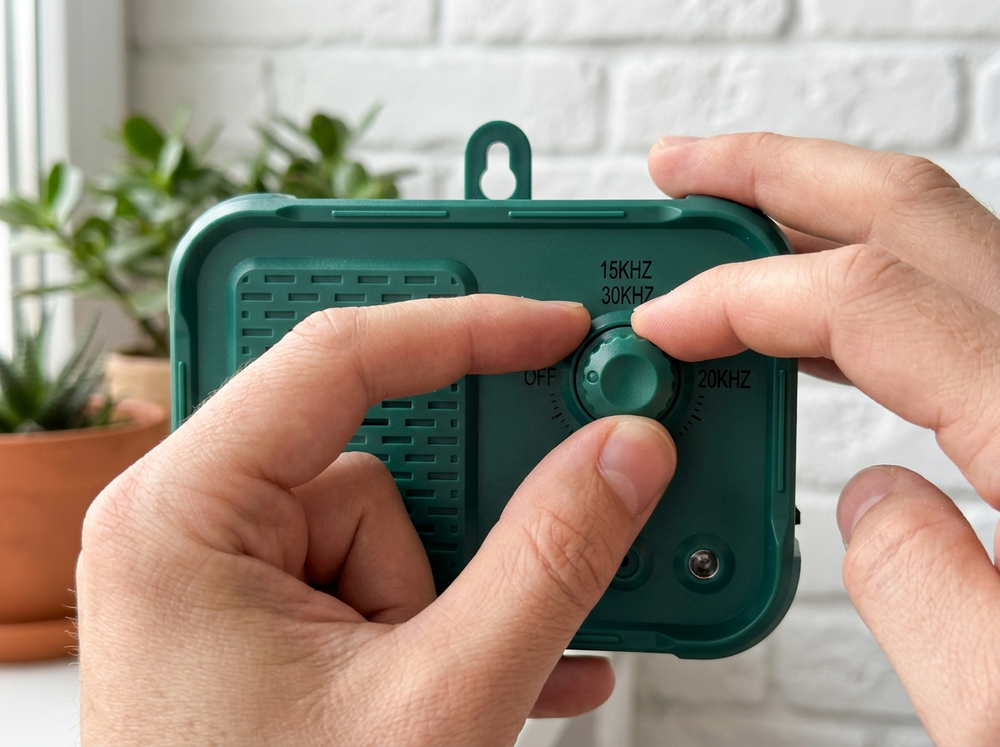Hand adjusting the frequency dial on a green ultrasonic dog bark deterren