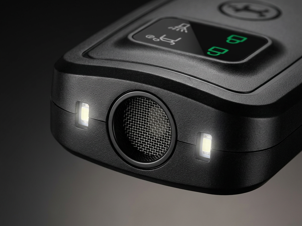 Close-up of ultrasonic launch port and dual LED lights on black handheld dog training device