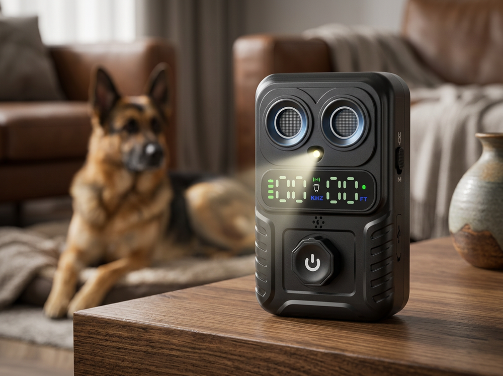 Smart dog Training device showing dual ultrasonic emitters and integrated light function