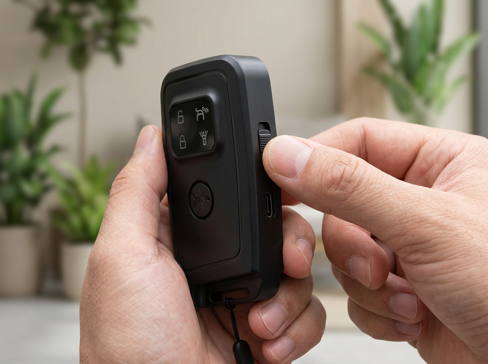 Hand operating side lock slider on black handheld ultrasonic dog training device