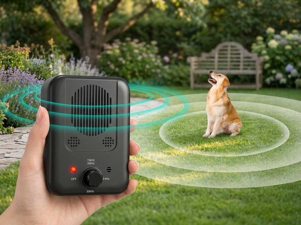 
Owner using ultrasonic dog bark deterrent during training within 30ft range.