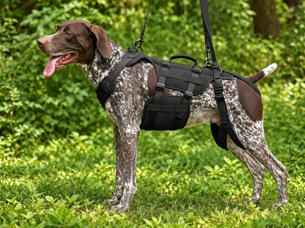 Detachable padded shoulder lifting strap connected to a black full body dog harness