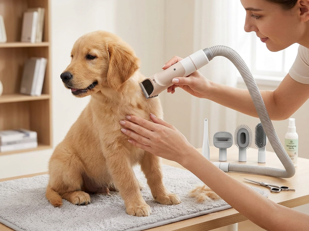 

Dog being brushed with vacuum grooming attachment.