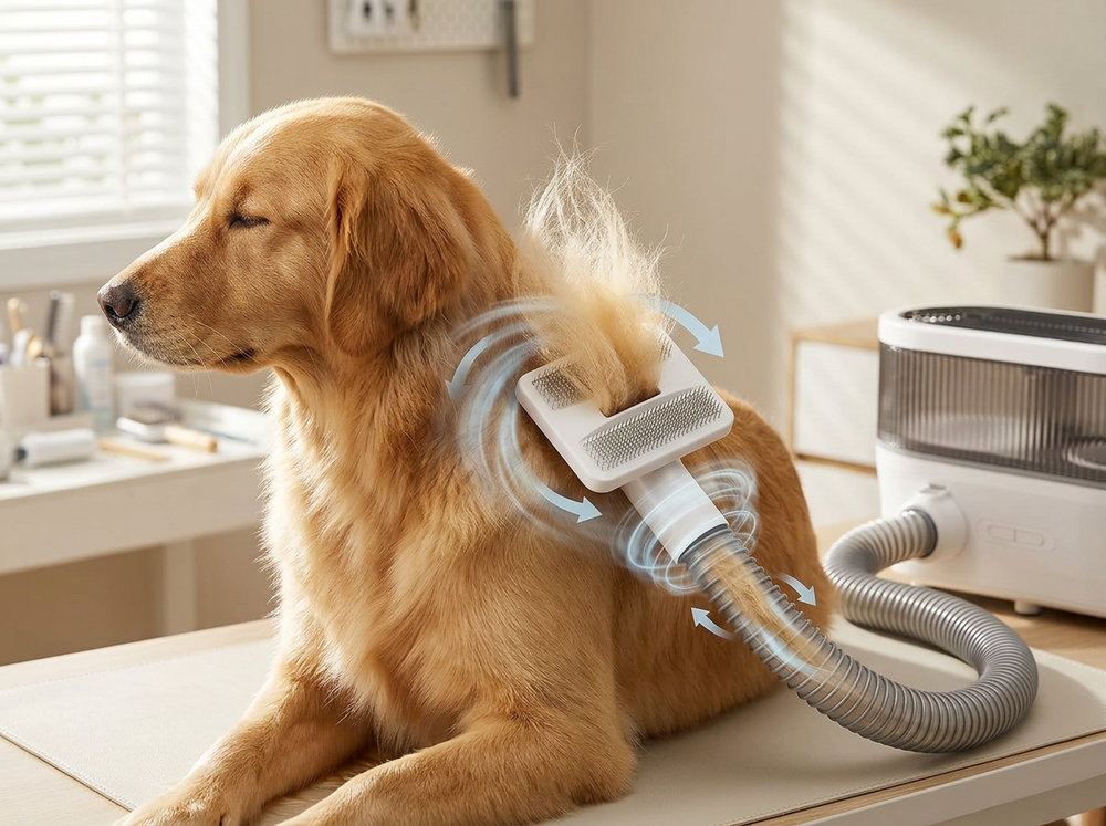 

Dog being groomed with vacuum hair collection brush.