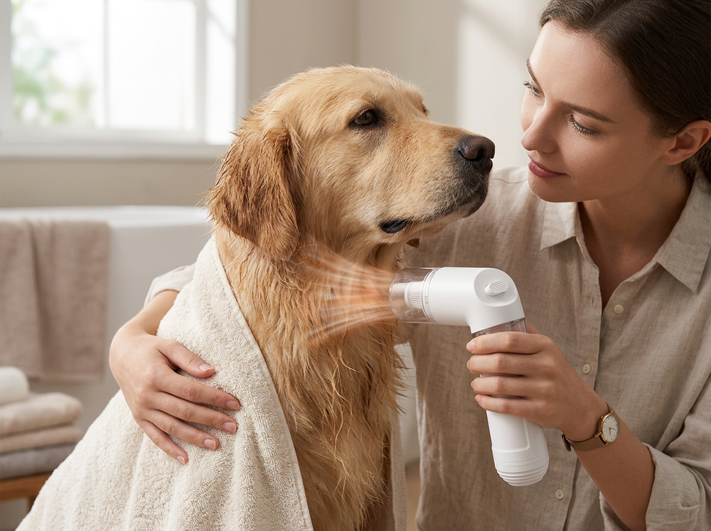 

Electric pet vacuum cleaner removing loose dog hair.