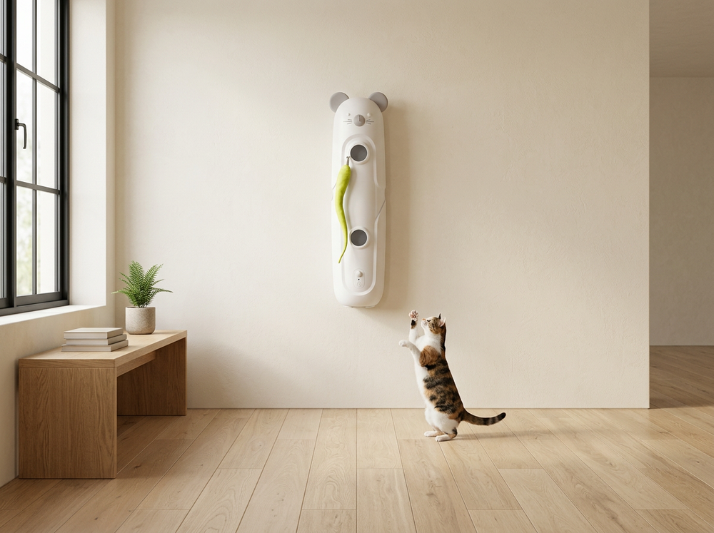Slim white mouse-shaped interactive cat toy mounted vertically on a wall while a cat stretches upward to play