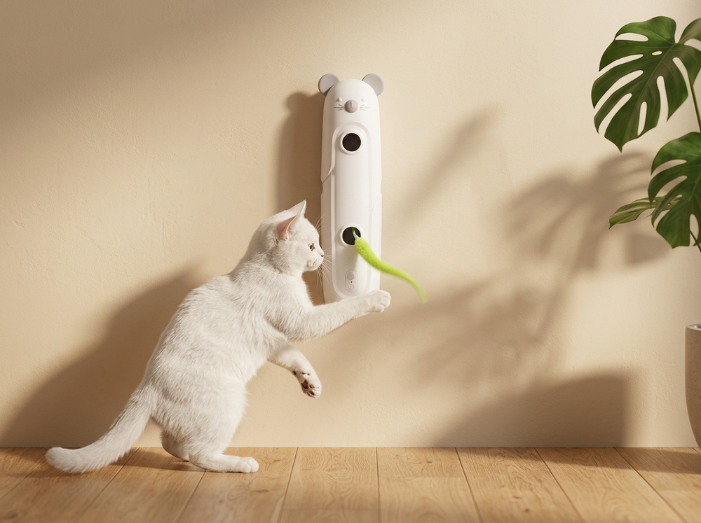 White mouse-shaped interactive cat toy mounted vertically on a wall while a white cat reaches for the green teaser