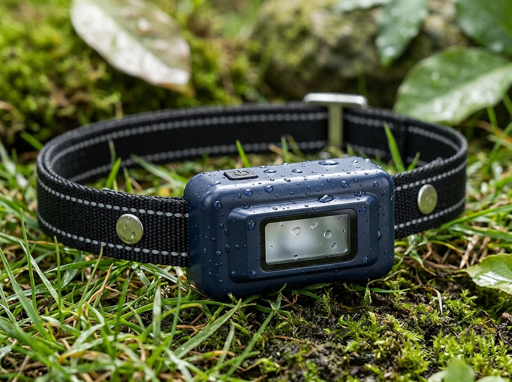 A waterproof headlamp with a dark blue body and a black adjustable strap, shown outdoors on green moss and grass with water droplets on its surface.

