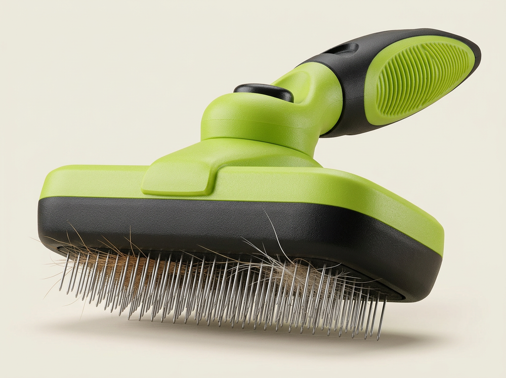  Lime green and black wide dog grooming brush with fine silver metal pins and ergonomic handle