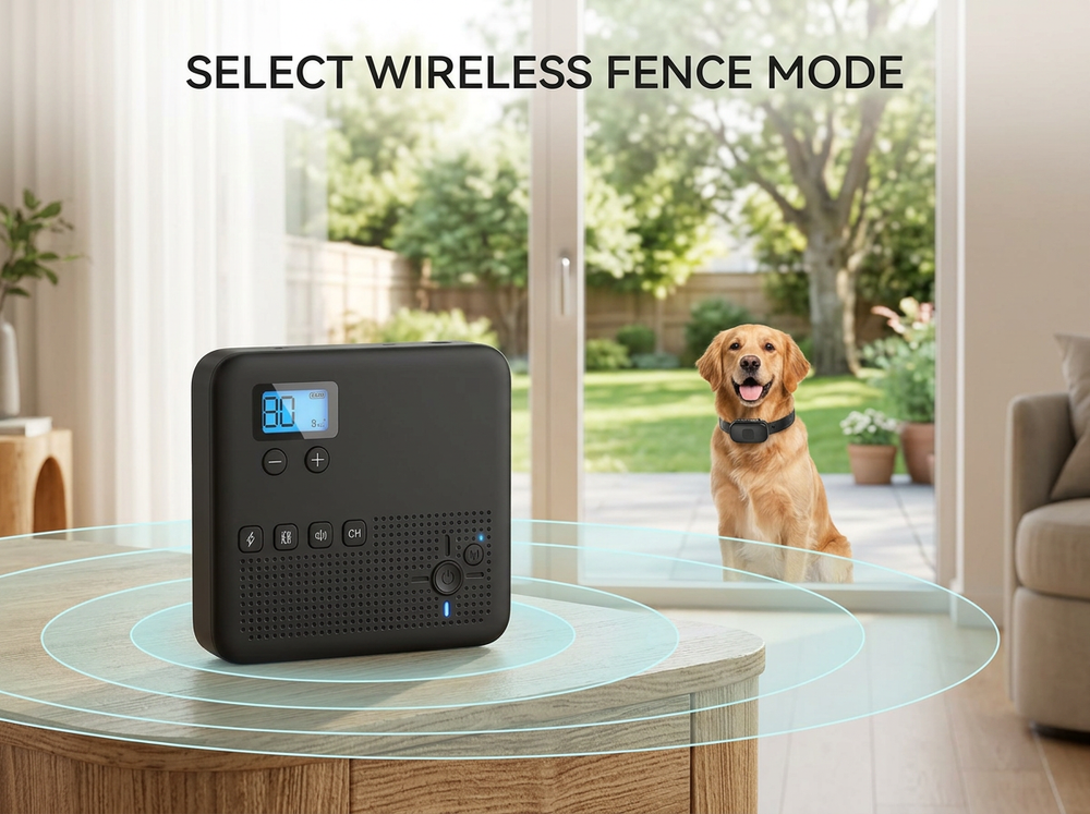 Black wireless dog fence transmitter positioned in a home with a dog wearing the receiver collar.