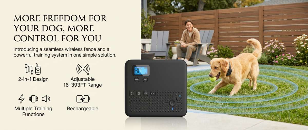 Happy dog playing in a backyard with a 2-in-1 wireless fence and remote training system nearby.