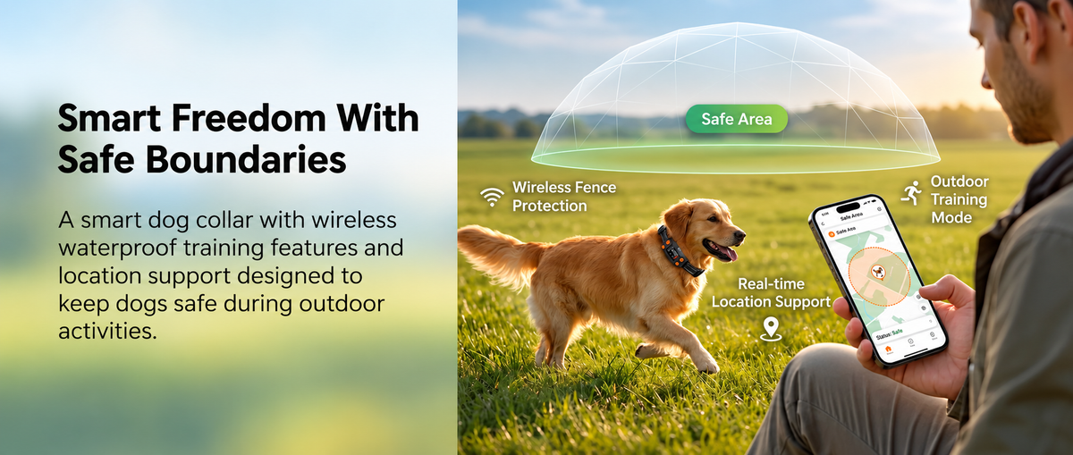 Wireless pet training collar with safe boundary settings, waterproof design and location support for outdoor dog activities