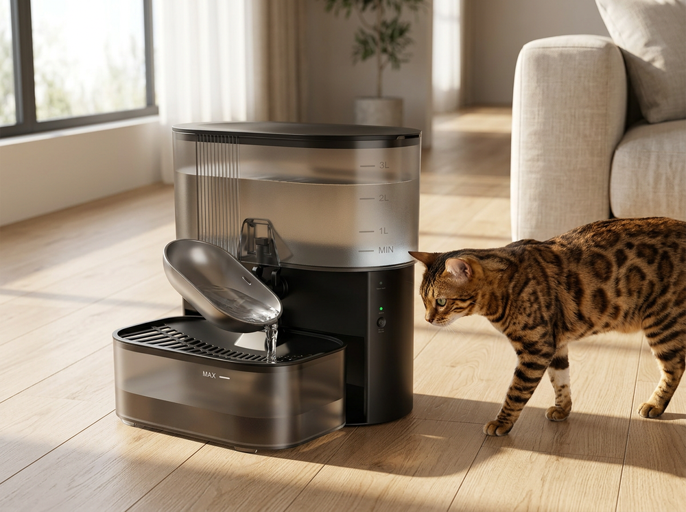 Cordless rechargeable cat water fountain placed freely in a modern home