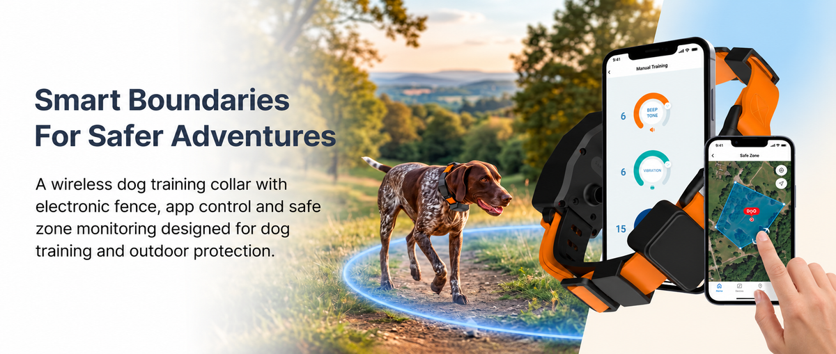 Promotional graphic for a wireless dog training collar. On the left, a brown and white spotted dog walks on a trail outdoors with marketing text about smart boundaries and safe zone monitoring.