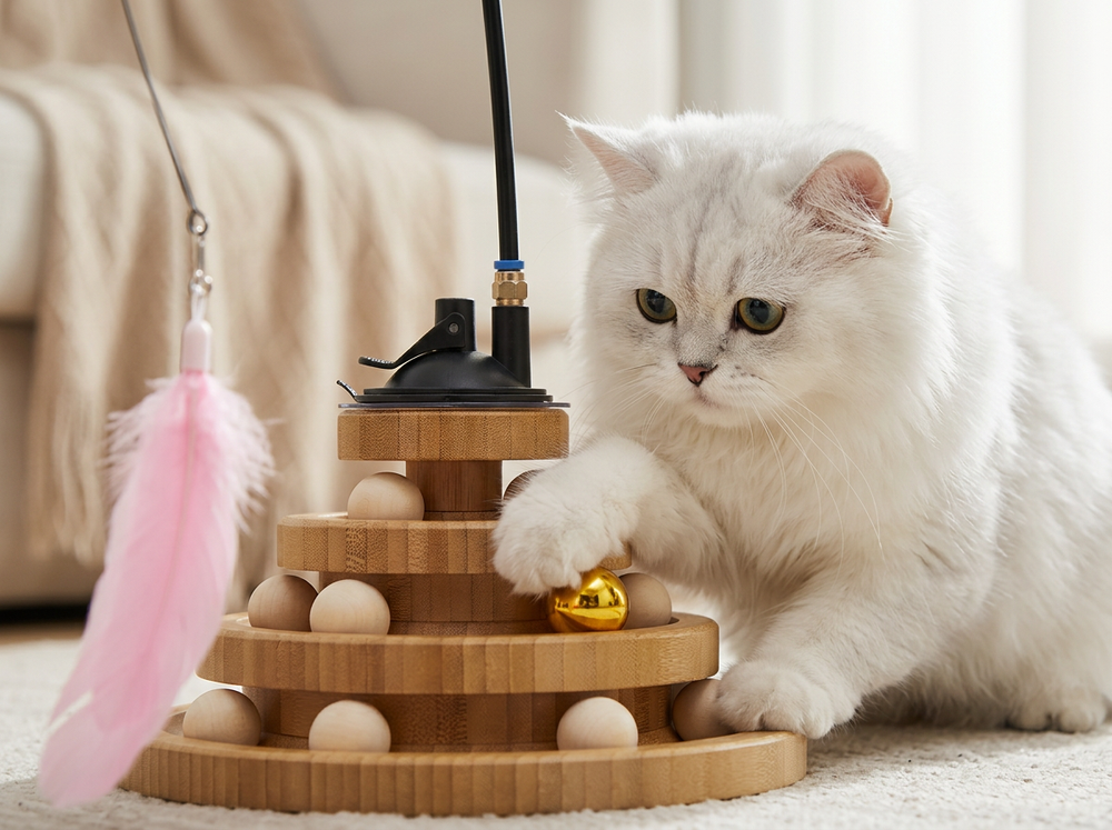 Interactive wooden puzzle toy with rolling balls for cats.