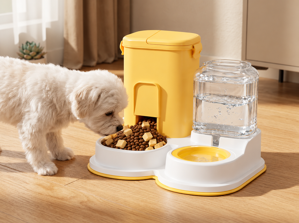 Small white dog eating from a yellow automatic pet feeder with a clear water dispenser