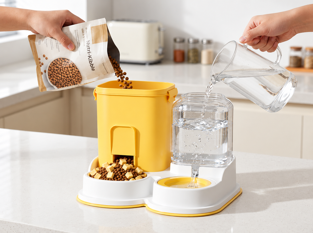 Yellow automatic pet feeder with dual food and water bowls being refilled with kibble and fresh water.