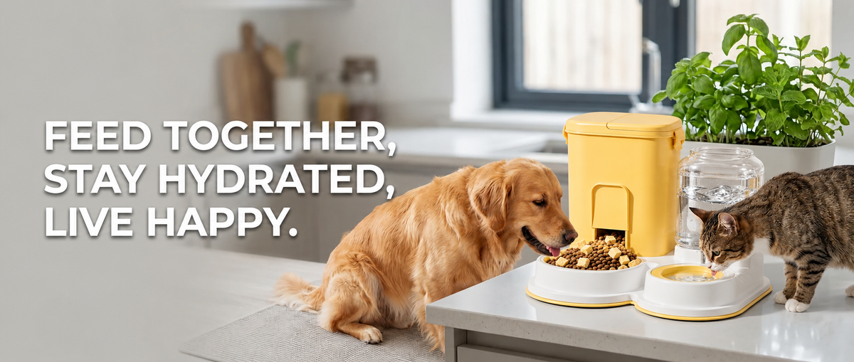 Dog and cat using a yellow automatic pet food and water dispenser together in a modern home.