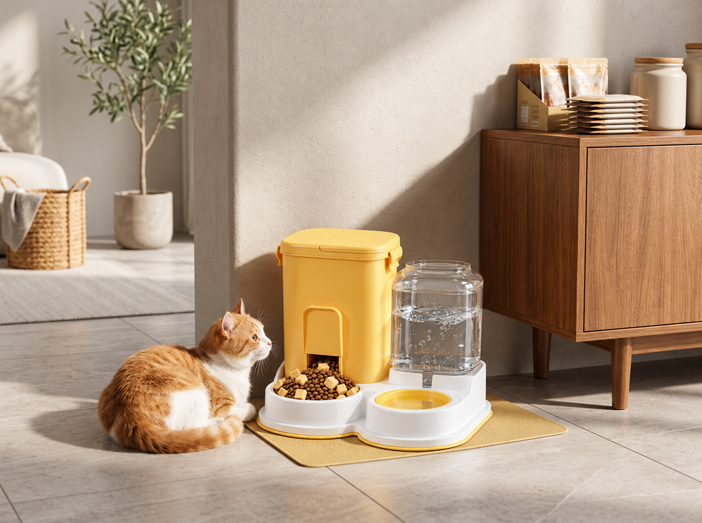 Orange and white cat resting beside a yellow automatic pet food and water feeder in a modern home.