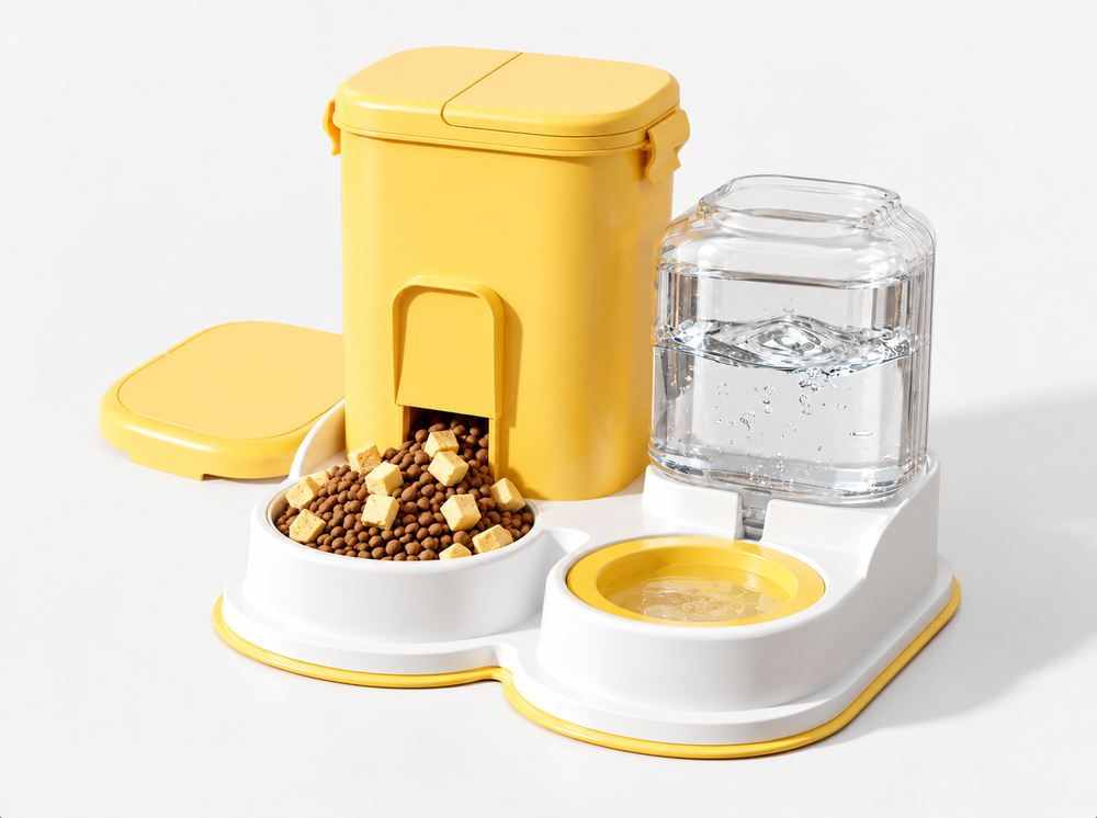 Yellow automatic pet food and water feeder with dual bowls and clear water dispenser on a white background.