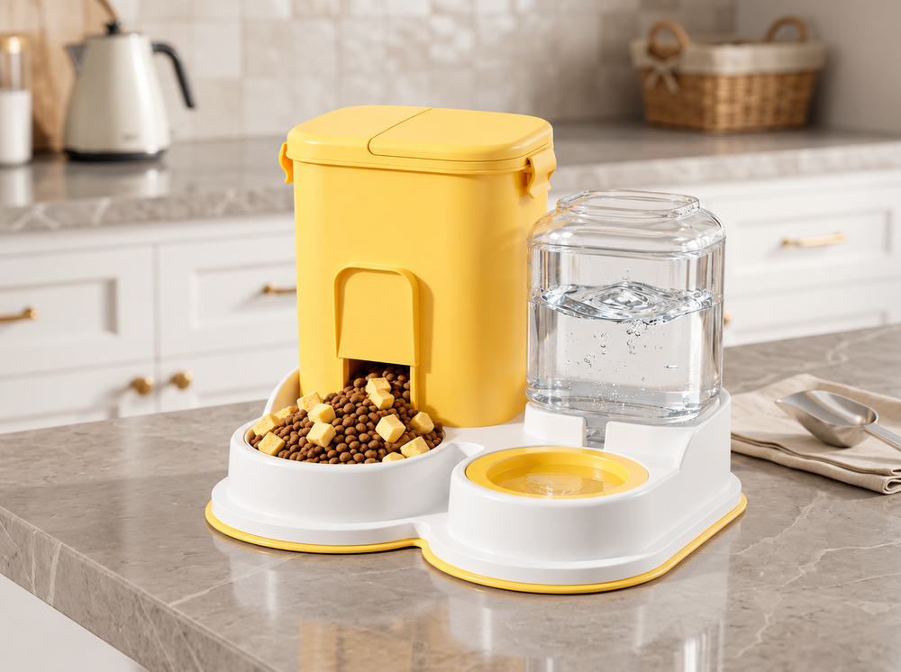Yellow automatic pet food and water feeder with dual bowls and clear water reservoir on a modern kitchen countertop.